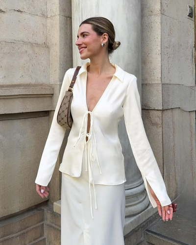 Liviane | Satin Tie Front Fitted Blouse