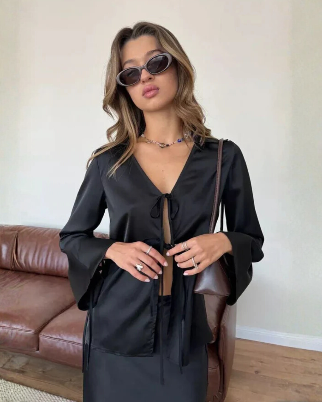 Liviane | Satin Tie Front Fitted Blouse