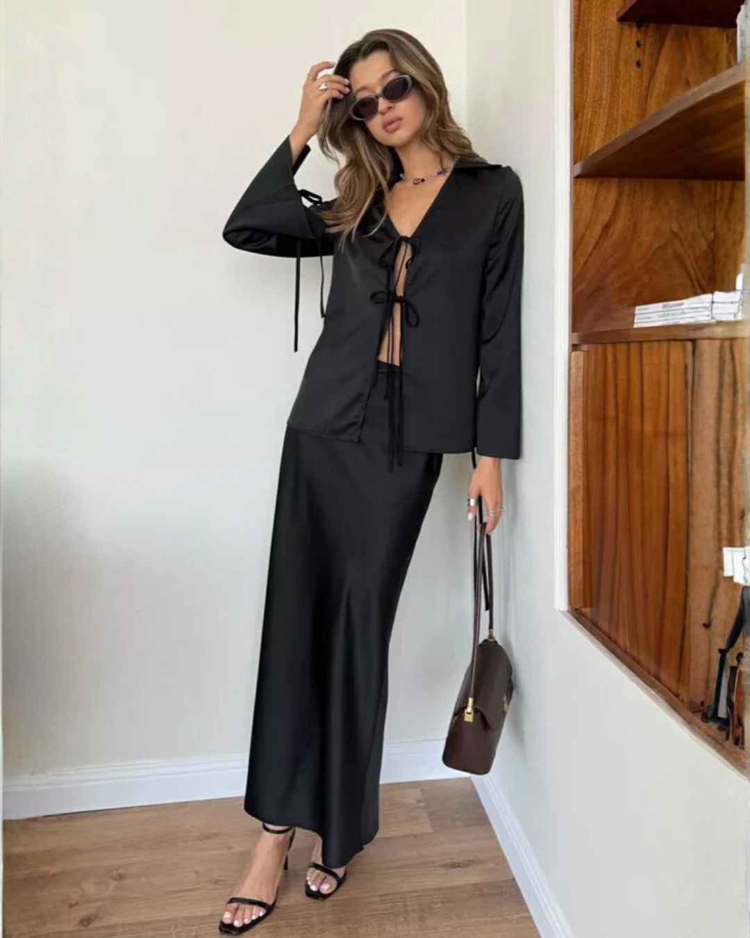 Liviane | Satin Tie Front Fitted Blouse