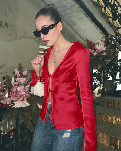 Liviane | Satin Tie Front Fitted Blouse