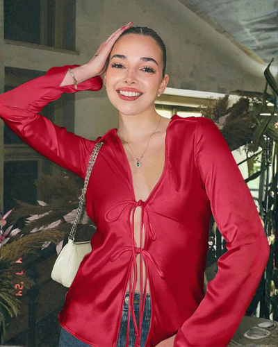 Liviane | Satin Tie Front Fitted Blouse