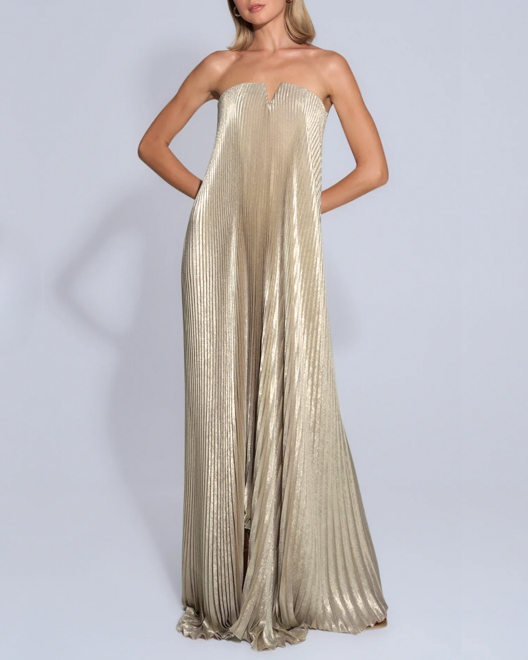 Ayla | Golden Pleated Strapless Maxi Dress